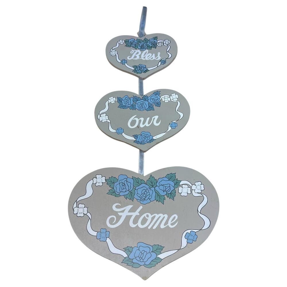 Vintage Bless Our Home Wooden Heart Wall Hanging Blue Floral Ribbon Decor